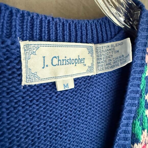 Vintage J. Christopher Sweater Vest Blue Floral Cable Knit Double-Breasted Sz‎ M - Picture 2 of 12
